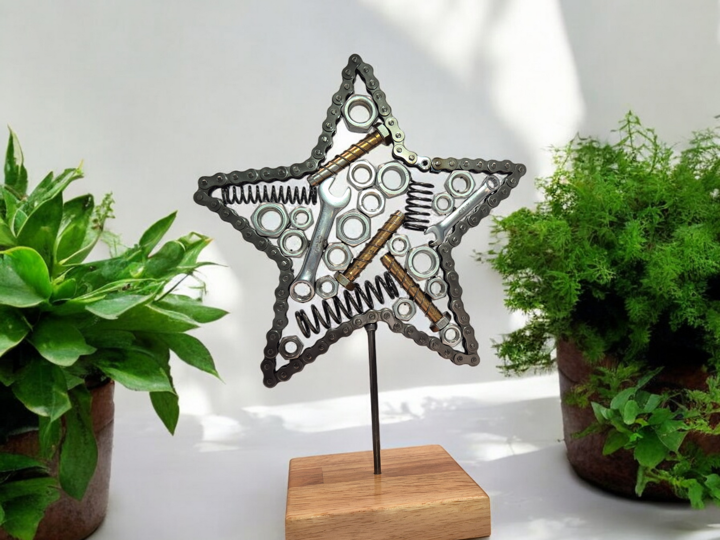 Celestial Mechanics Star Sculpture - Handmade with Metal Nuts, Bolts, and Spanners on Irish Oak Base. Metal Sculpture home décor