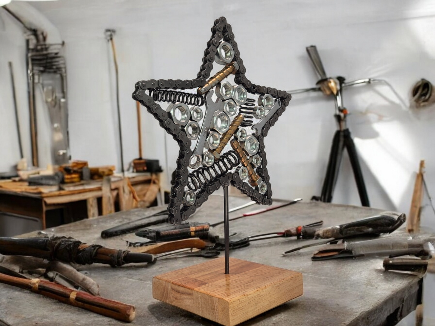 Celestial Mechanics Star Sculpture - Handmade with Metal Nuts, Bolts, and Spanners on Irish Oak Base. Metal Sculpture home décor