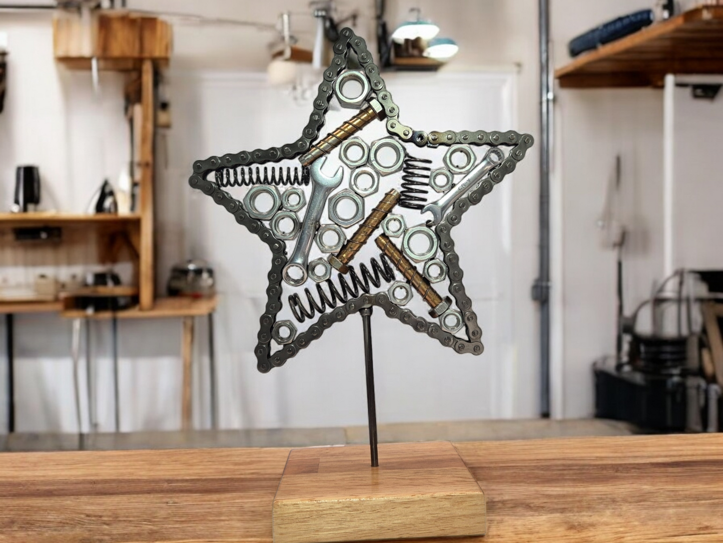 Celestial Mechanics Star Sculpture - Handmade with Metal Nuts, Bolts, and Spanners on Irish Oak Base. Metal Sculpture home décor