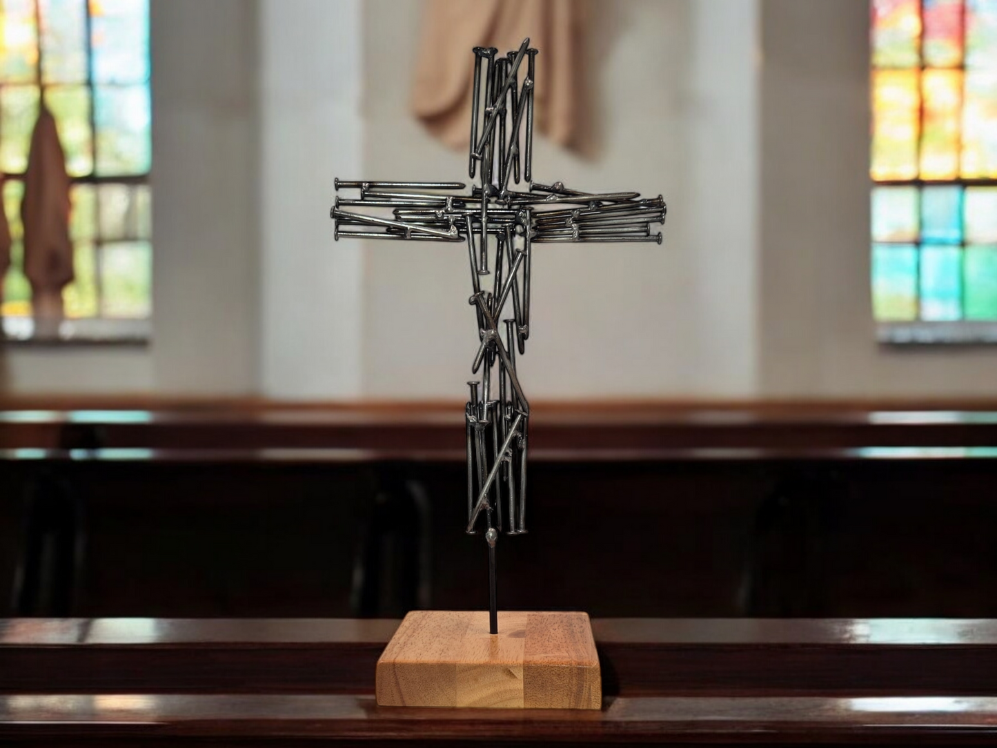 'Nailed to Eternity' Brushed Steel Nail Crucifix - Handmade Metal Cross on Irish Oak Base