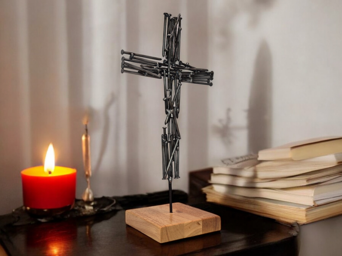 'Nailed to Eternity' Brushed Steel Nail Crucifix - Handmade Metal Cross on Irish Oak Base