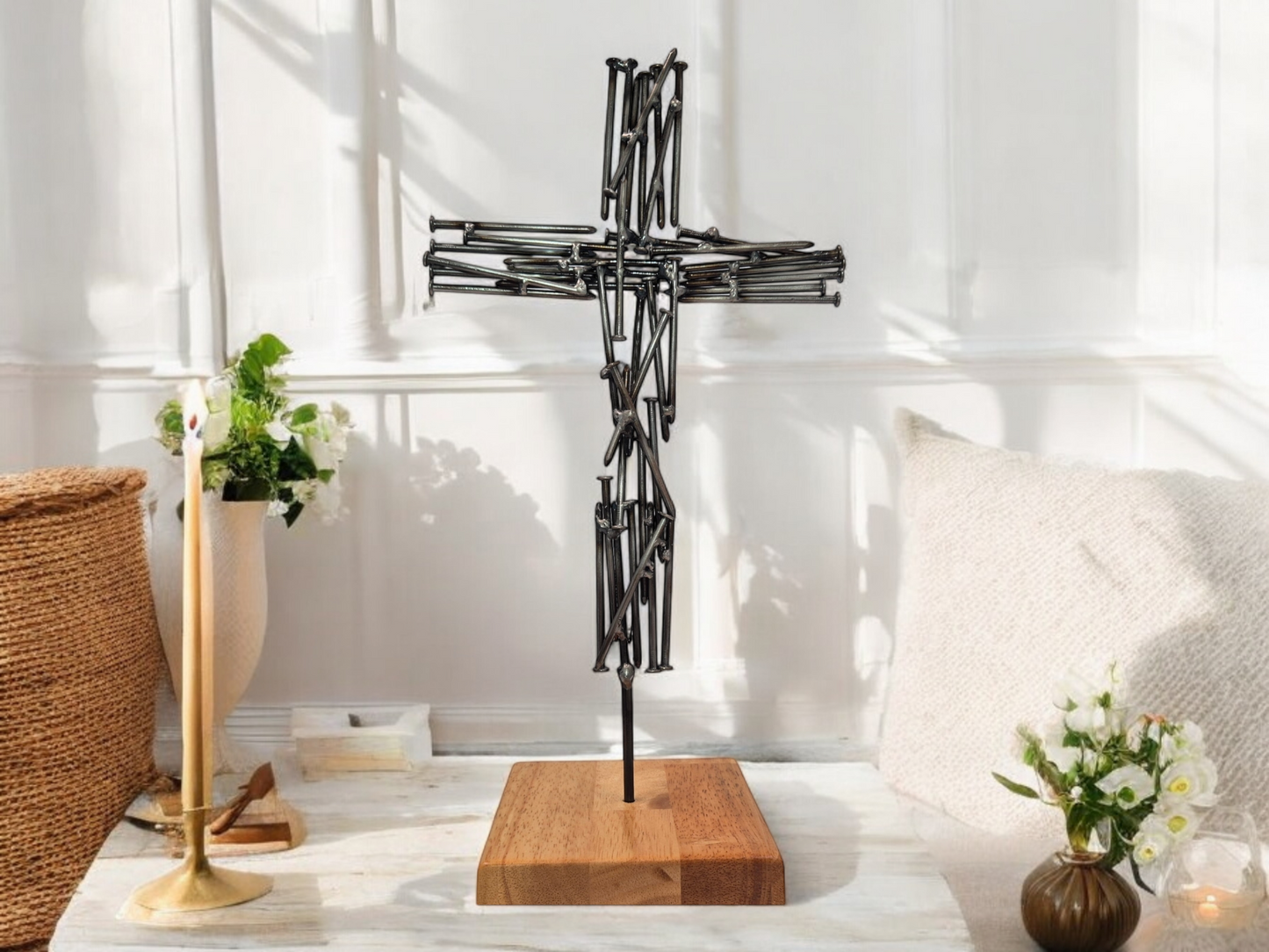 'Nailed to Eternity' Brushed Steel Nail Crucifix - Handmade Metal Cross on Irish Oak Base