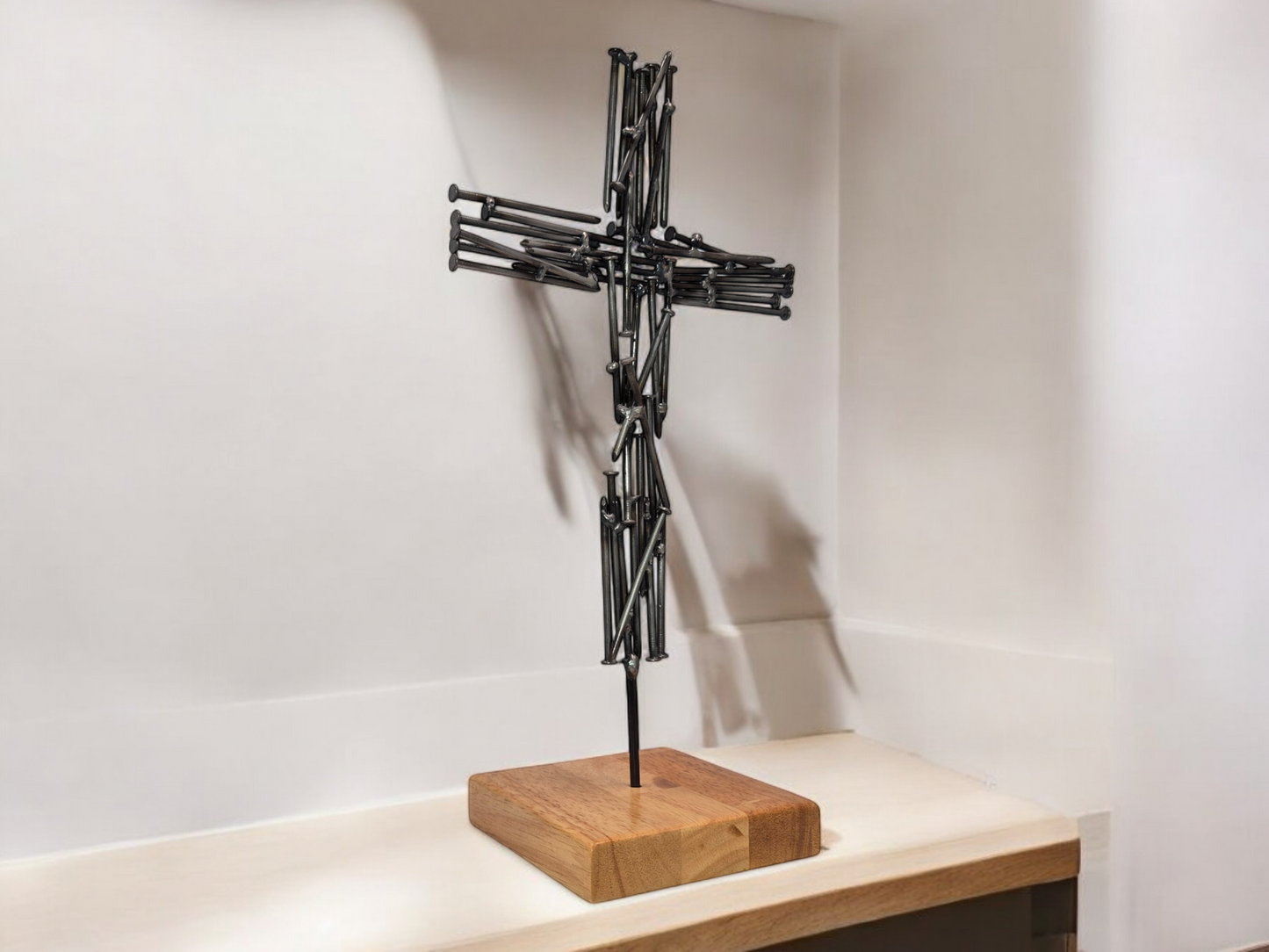 'Nailed to Eternity' Brushed Steel Nail Crucifix - Handmade Metal Cross on Irish Oak Base