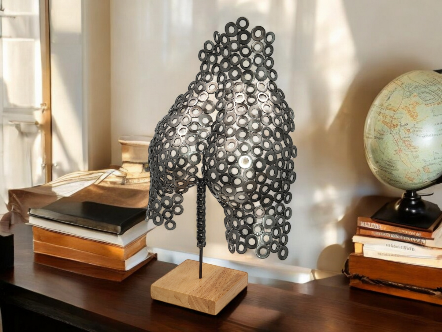 Grace in form - Handcrafted Female Buttocks Sculpture in Brushed Steel Washers - Unique Art of the Human Body on Irish Oak Base - 56cm Tall, One-of-a-Kind Decor