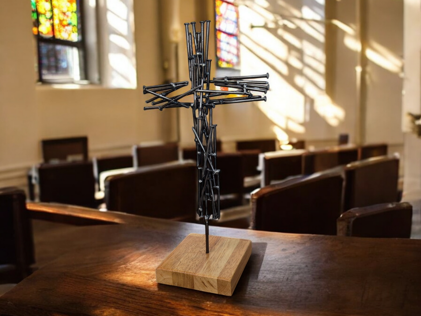 'Nailed to Eternity' Brushed Steel Nail Crucifix - Handmade Metal Cross on Irish Oak Base