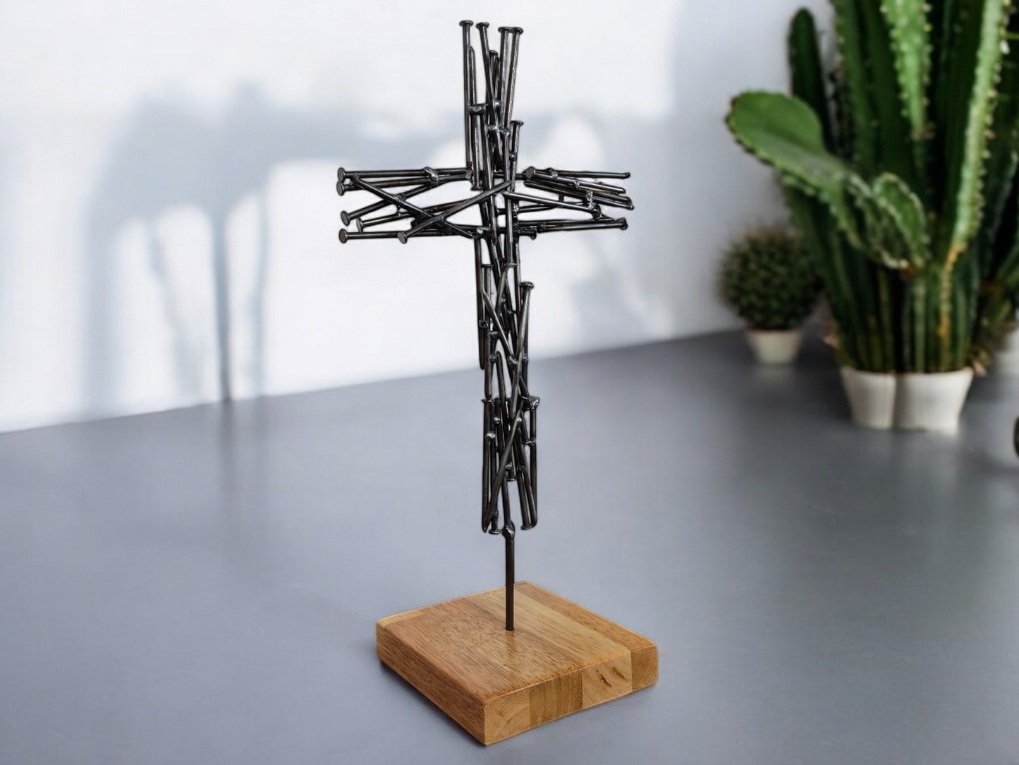 'Nailed to Eternity' Brushed Steel Nail Crucifix - Handmade Metal Cross on Irish Oak Base