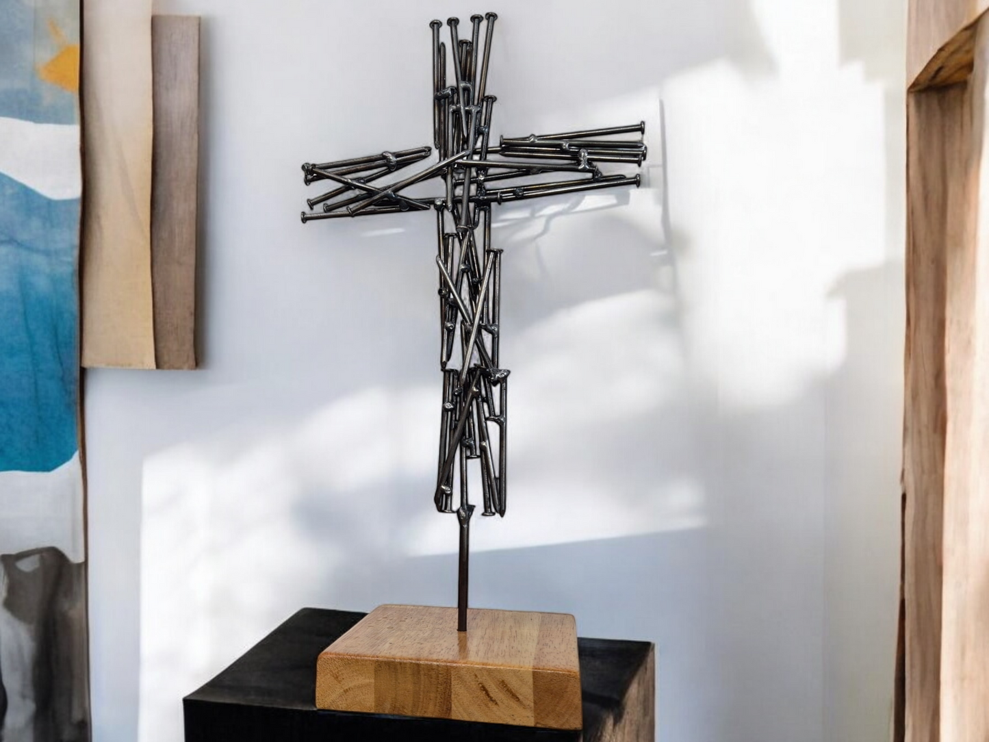 'Nailed to Eternity' Brushed Steel Nail Crucifix - Handmade Metal Cross on Irish Oak Base