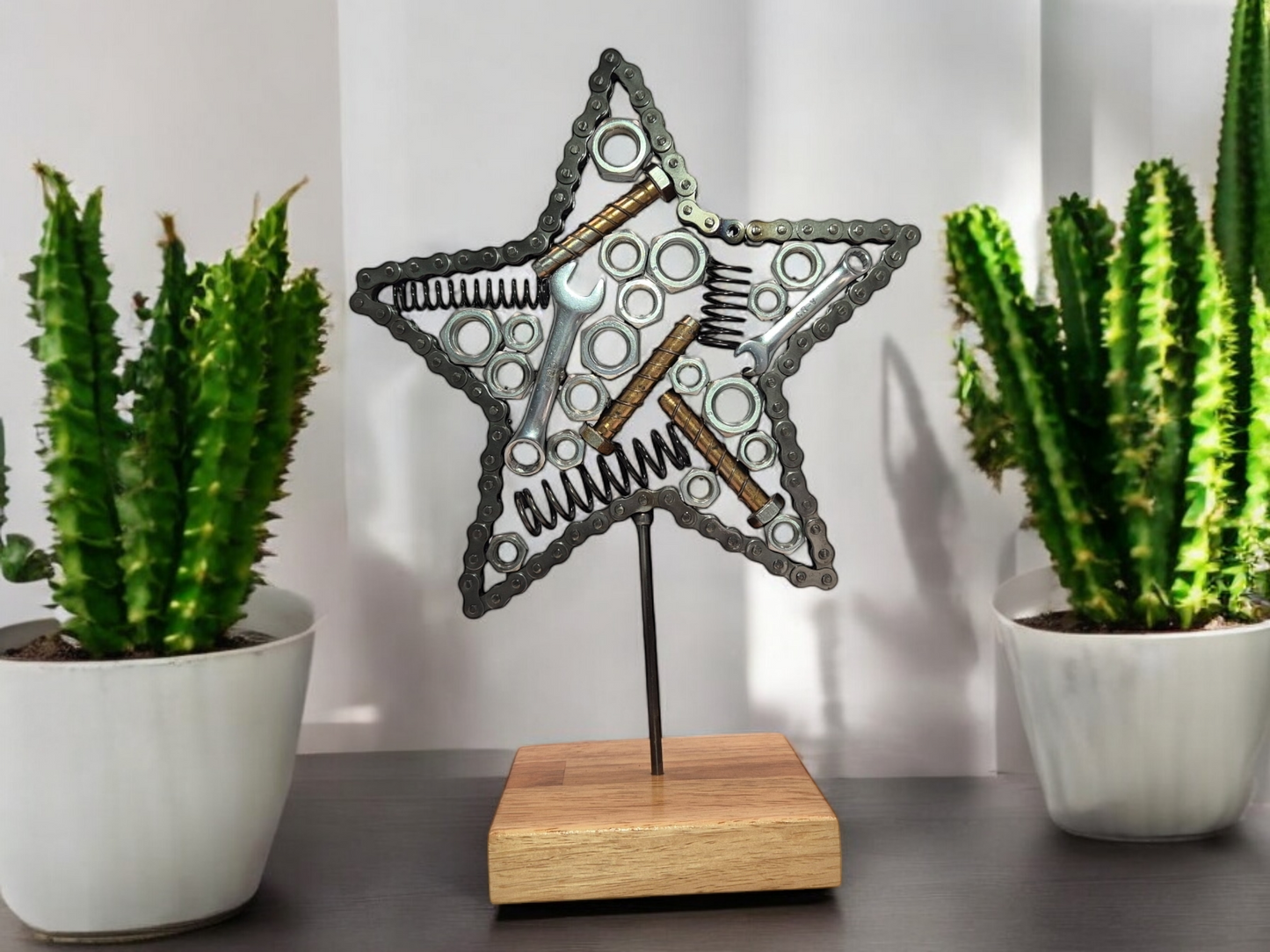 Celestial Mechanics Star Sculpture - Handmade with Metal Nuts, Bolts, and Spanners on Irish Oak Base. Metal Sculpture home décor