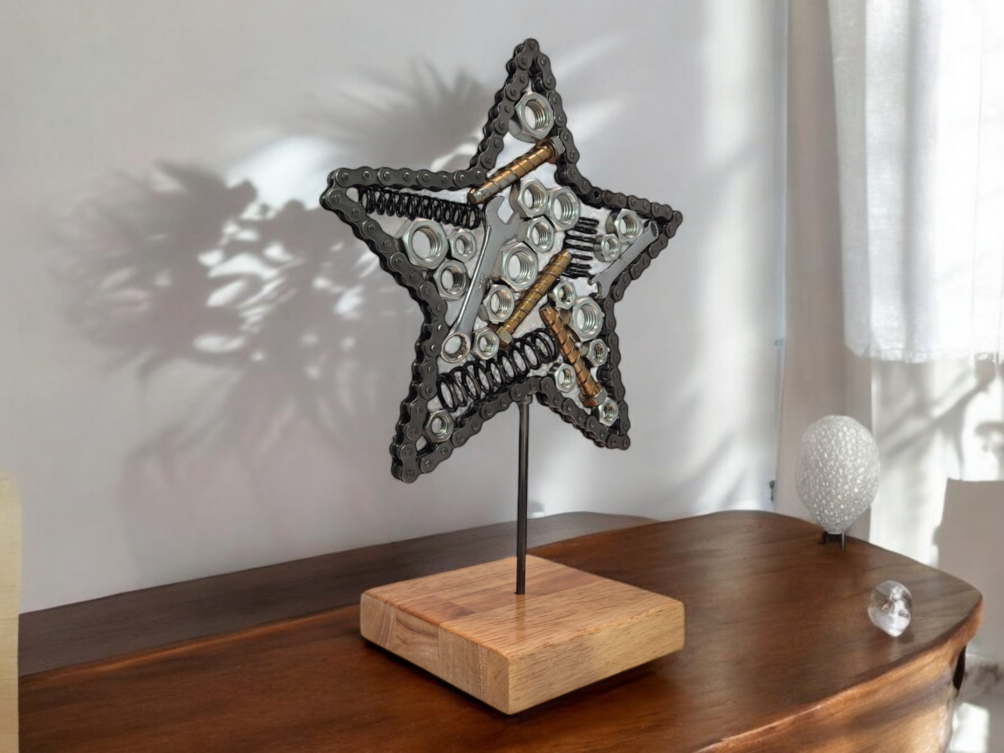 Celestial Mechanics Star Sculpture - Handmade with Metal Nuts, Bolts, and Spanners on Irish Oak Base. Metal Sculpture home décor