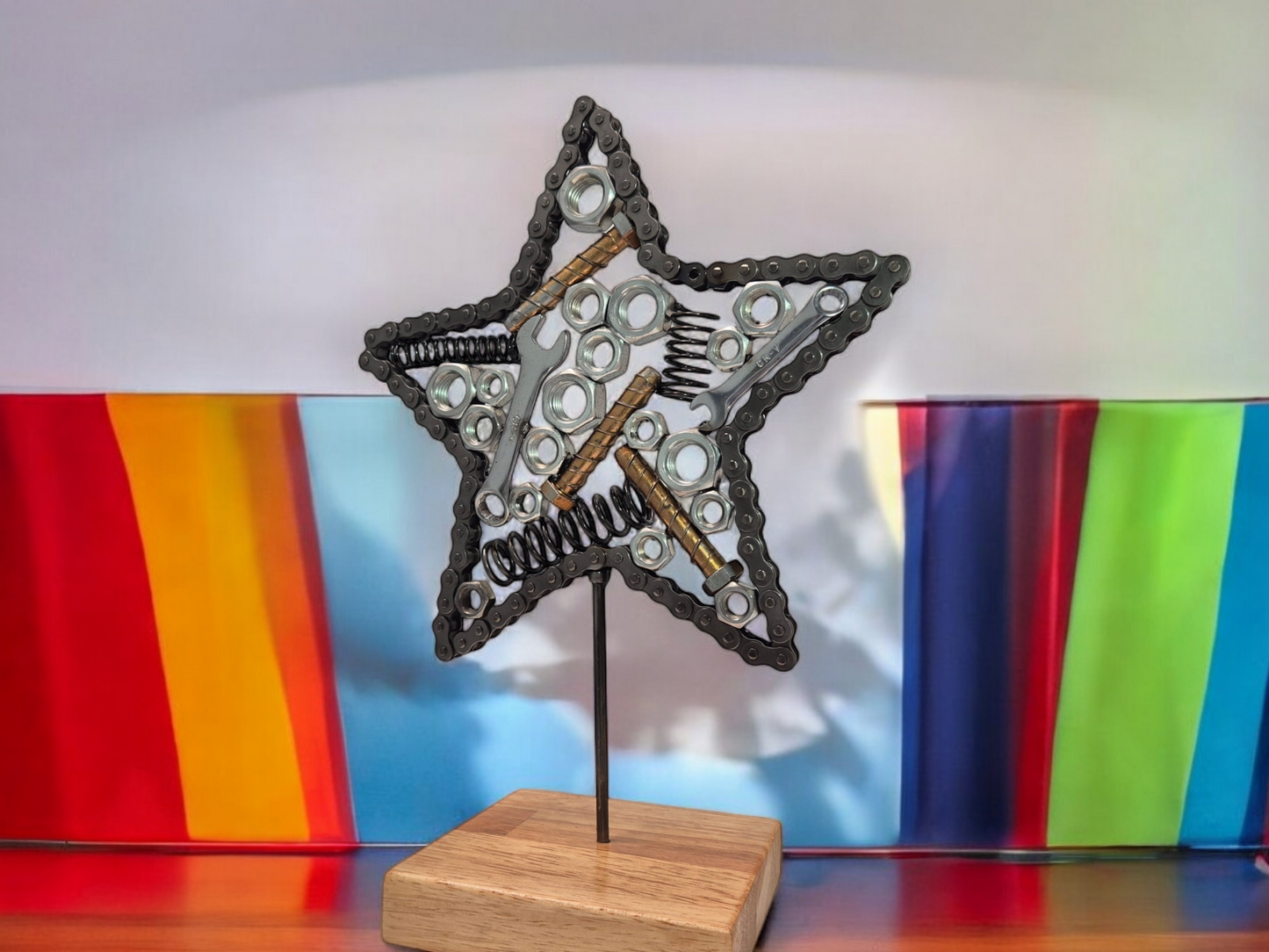 Celestial Mechanics Star Sculpture - Handmade with Metal Nuts, Bolts, and Spanners on Irish Oak Base. Metal Sculpture home décor