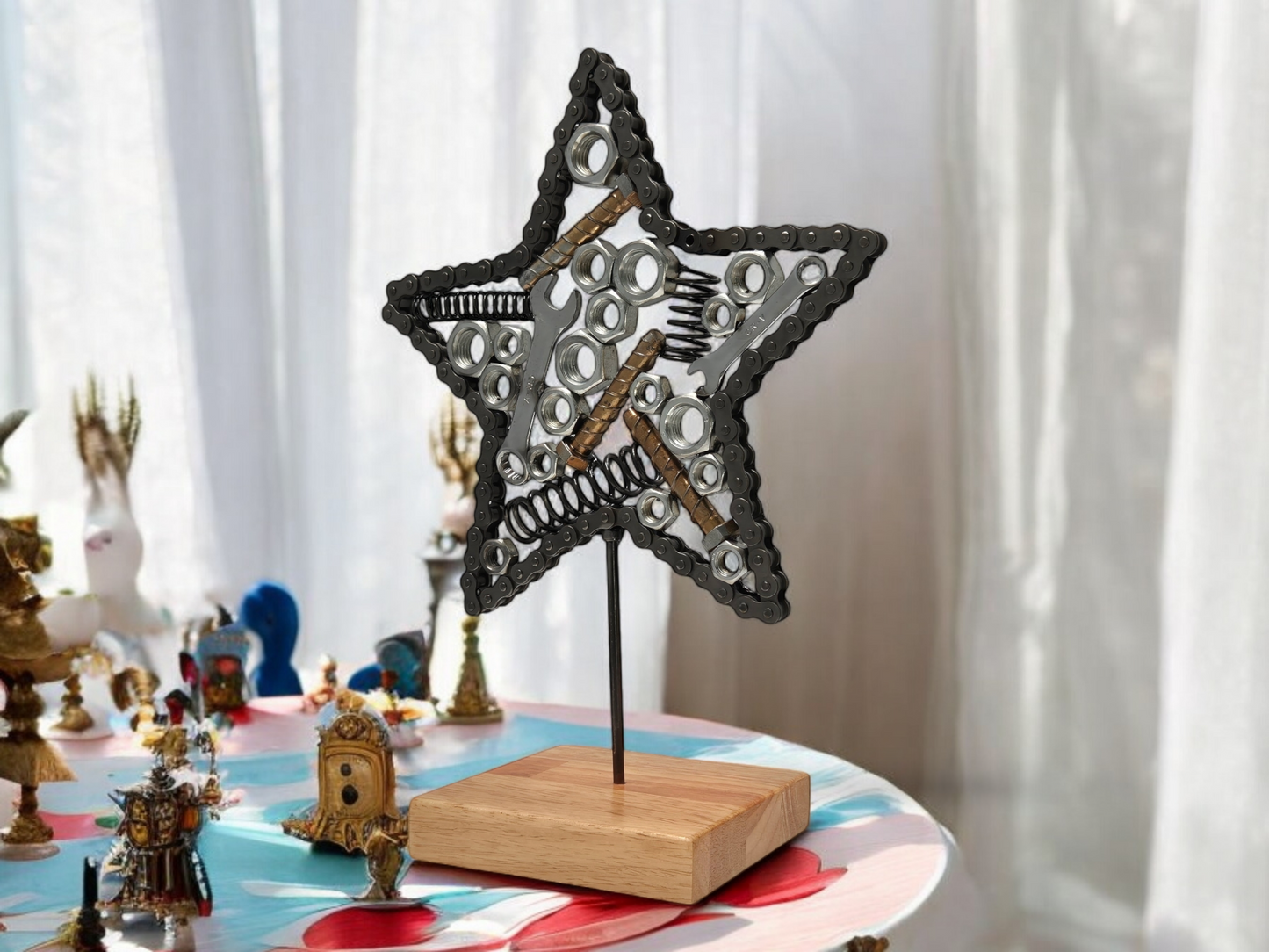 Celestial Mechanics Star Sculpture - Handmade with Metal Nuts, Bolts, and Spanners on Irish Oak Base. Metal Sculpture home décor