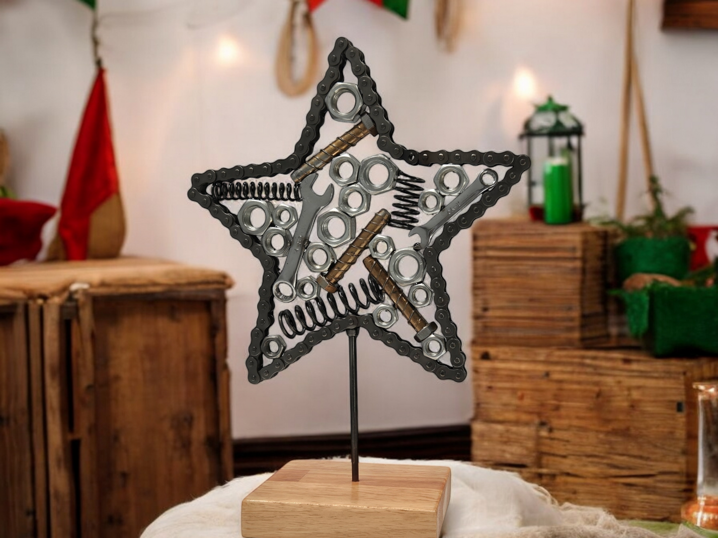 Celestial Mechanics Star Sculpture - Handmade with Metal Nuts, Bolts, and Spanners on Irish Oak Base. Metal Sculpture home décor