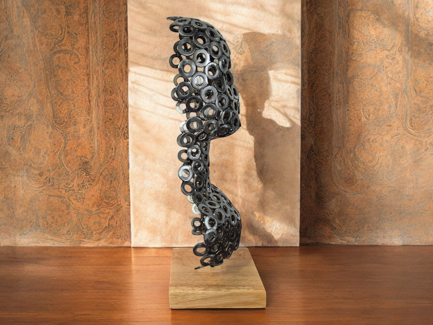 Echo's of Industry - Unique Handcrafted Steel Head Sculpture with brush steel washers - Industrial Art on Irish Oak Base - Limited Edition