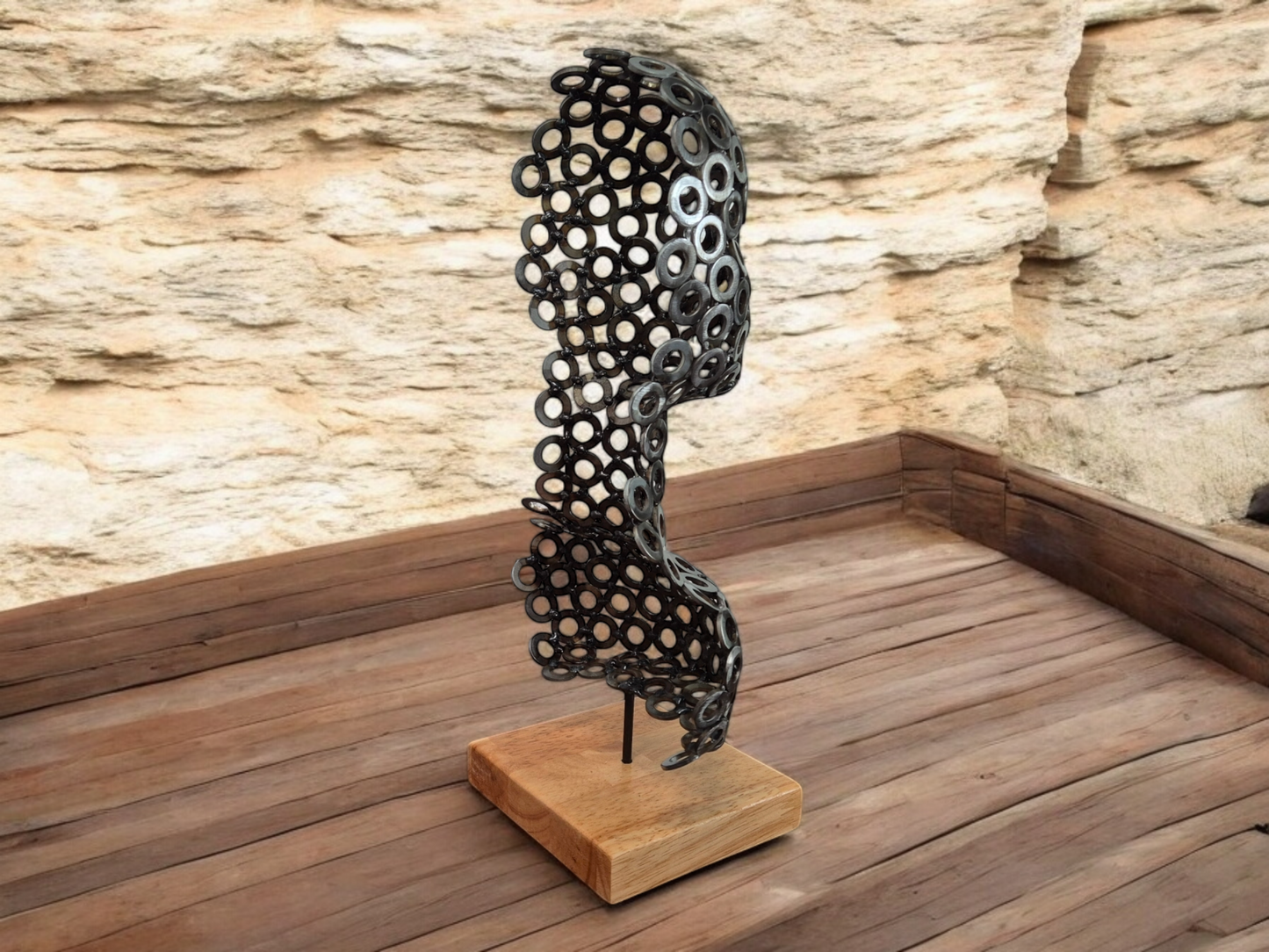 Echo's of Industry - Unique Handcrafted Steel Head Sculpture with brush steel washers - Industrial Art on Irish Oak Base - Limited Edition