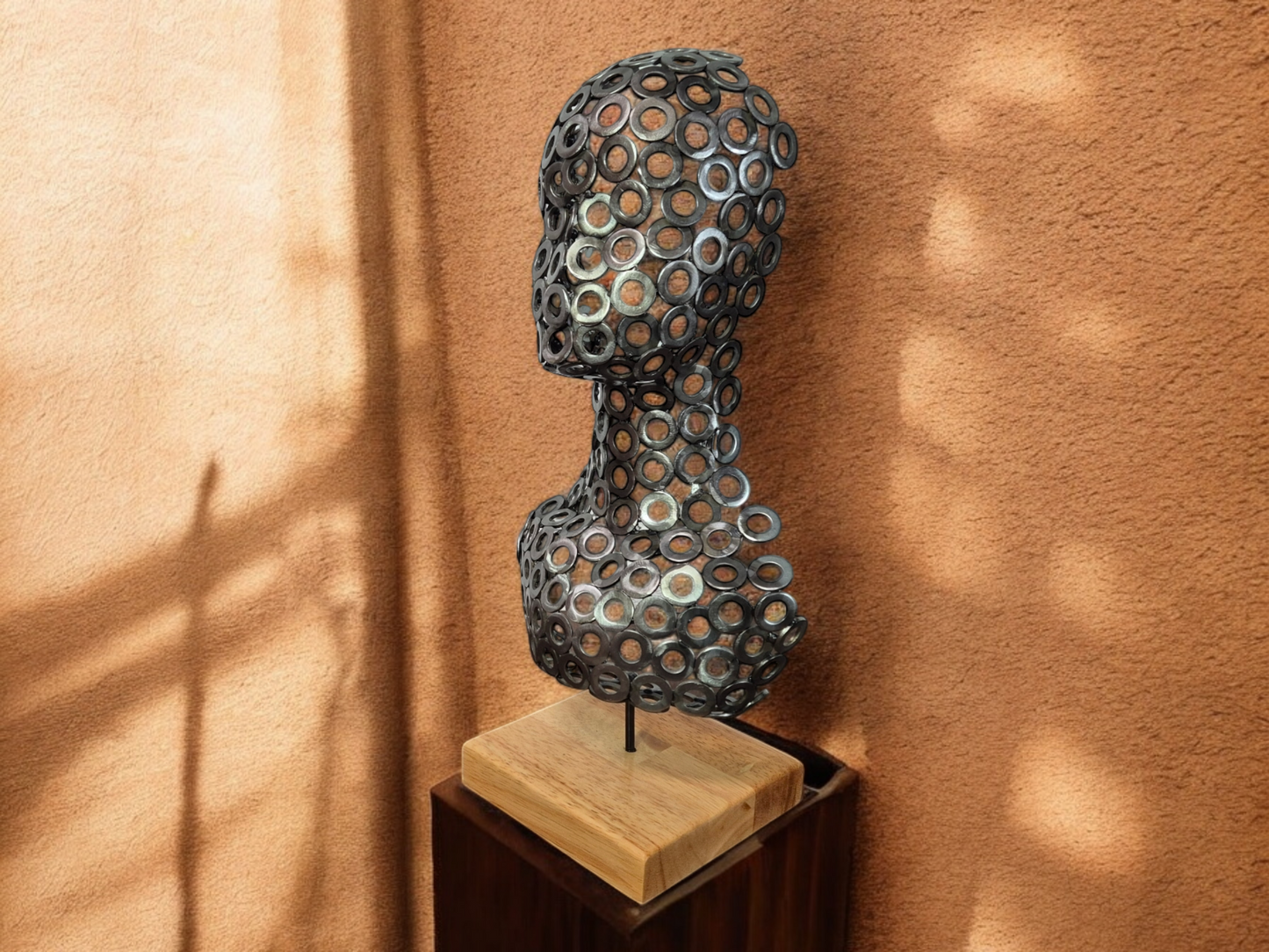 Echo's of Industry - Unique Handcrafted Steel Head Sculpture with brush steel washers - Industrial Art on Irish Oak Base - Limited Edition